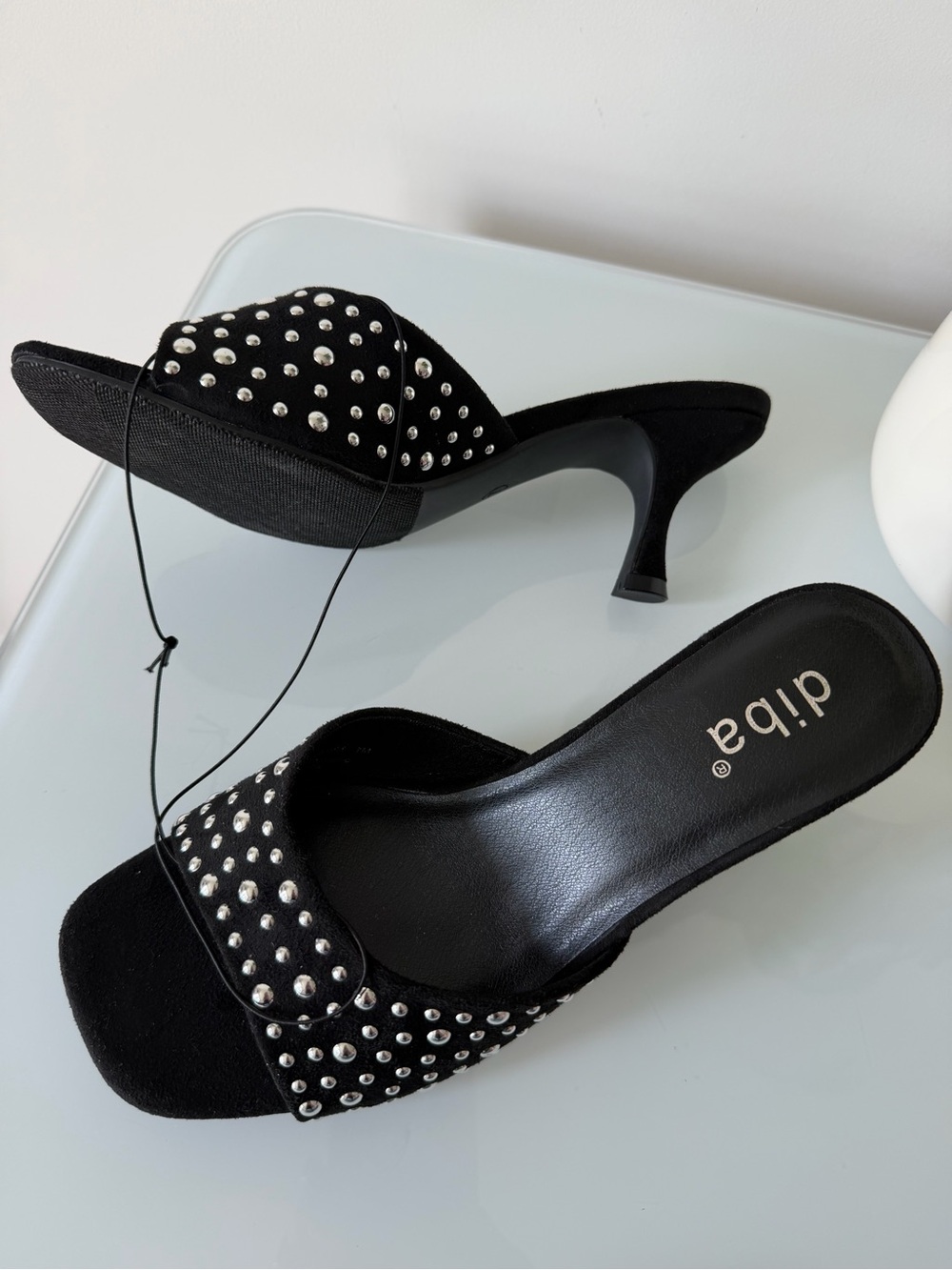 black suede silver stud open toe kitten heels